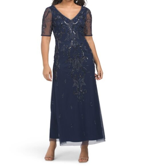 ADRIANNA PAPELL  Illusion V-neck Beaded Gown. - Picture 1 of 2